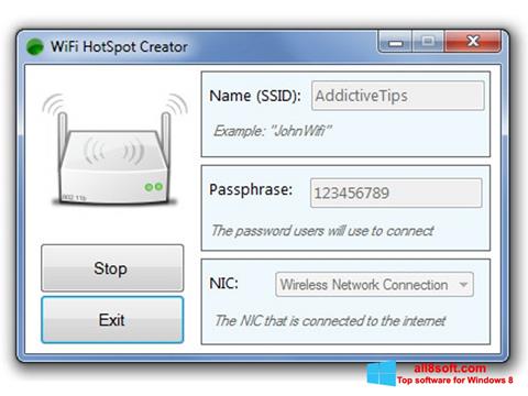 Снимка на екрана Wi-Fi HotSpot Creator за Windows 8