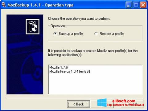 Снимка на екрана MozBackup за Windows 8
