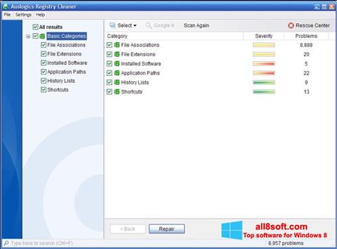 Снимка на екрана Auslogics Registry Cleaner за Windows 8